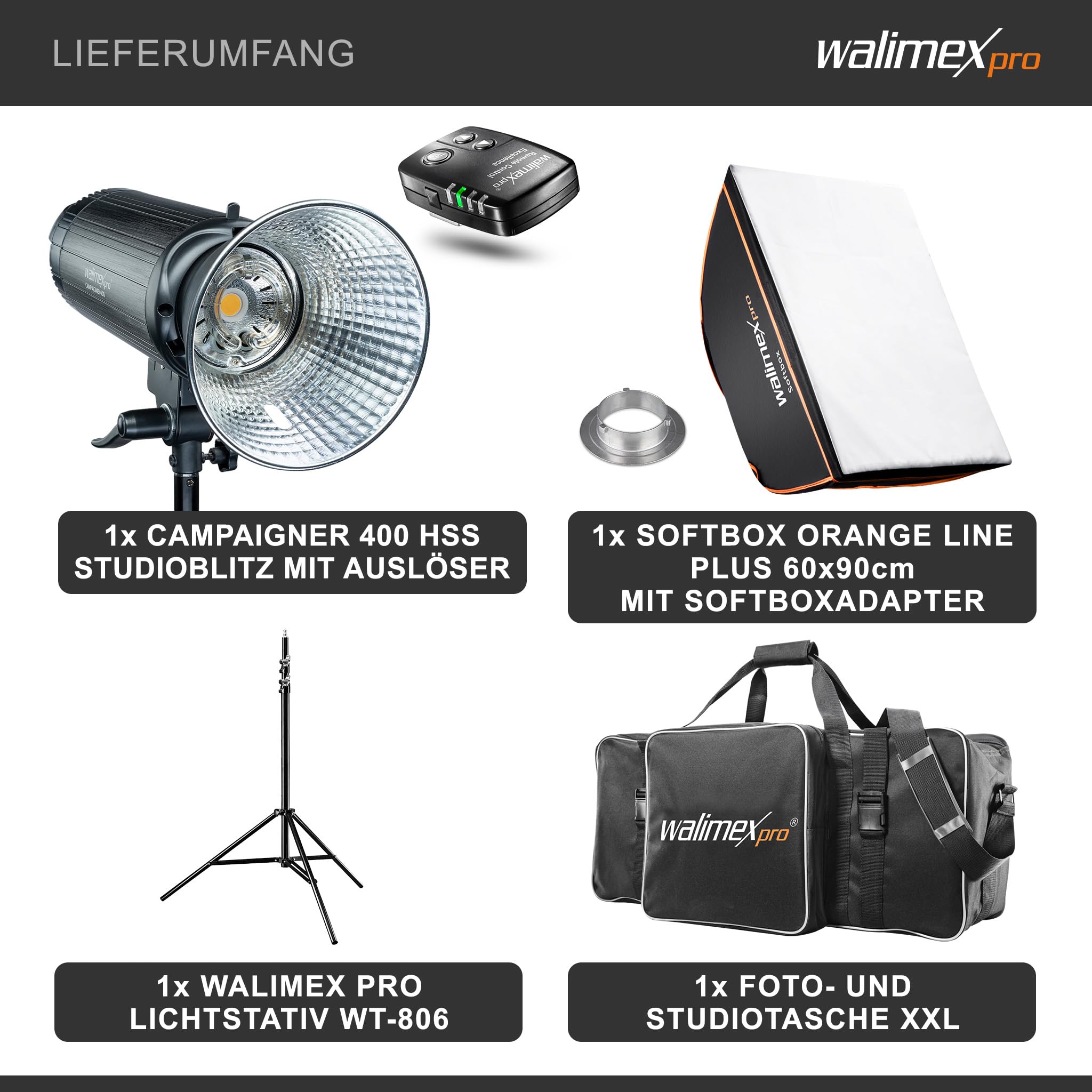 Walimex pro Campaigner 400 HS Set Single flash fotografico da studio, luce LED da 400 W per foto e video, con softbox stativo luci e accessori