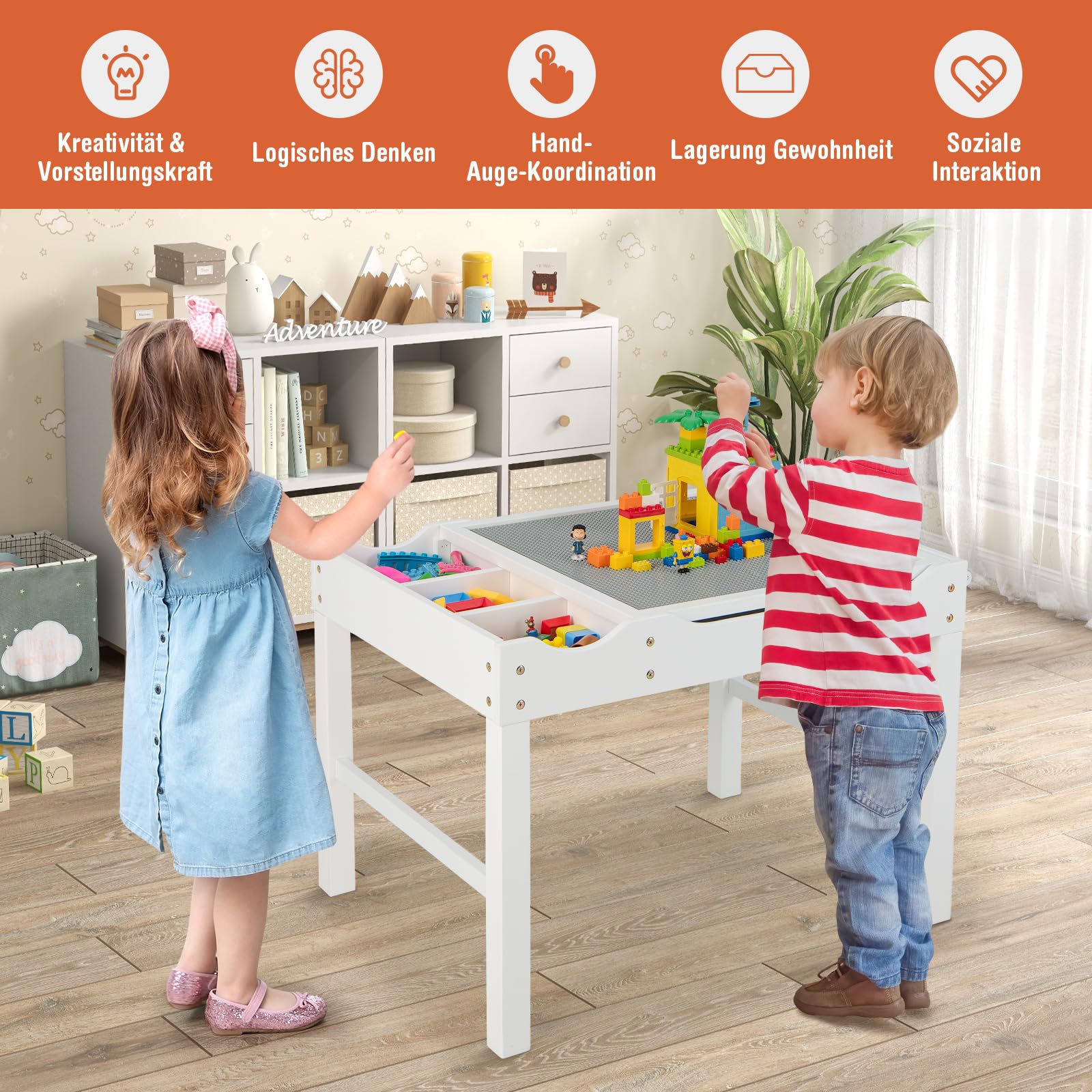 COSTWAY 2 in 1 Kindertisch mit umkehrbarer Tischplatte, Spieltisch aus Kiefernholz mit Stauraum, Seiternstange & Papierrolle, Aktivitätstisch Legotisch für Kinder ab 3 Jahre (Weiß)
