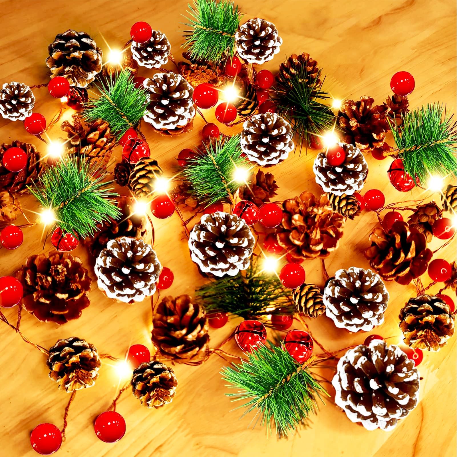 Christmas Decorations Garland Lights, 75 Pcs Pine cones Christmas Lights 7FT 20 LED Garland Lights Battery Operated Red Berry Pine Needles Bell Indoor Outdoor Christmas Decoration (Warm White)