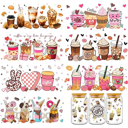 Coffee UV DTF Cup Wraps - 8 Sheets Coffee UVDTF Decals for 16 oz Glass Cups, Cake Ice Cream Transfer Stickers, Waterproof Rub on Transfers for Water Bottle DIY Crafts