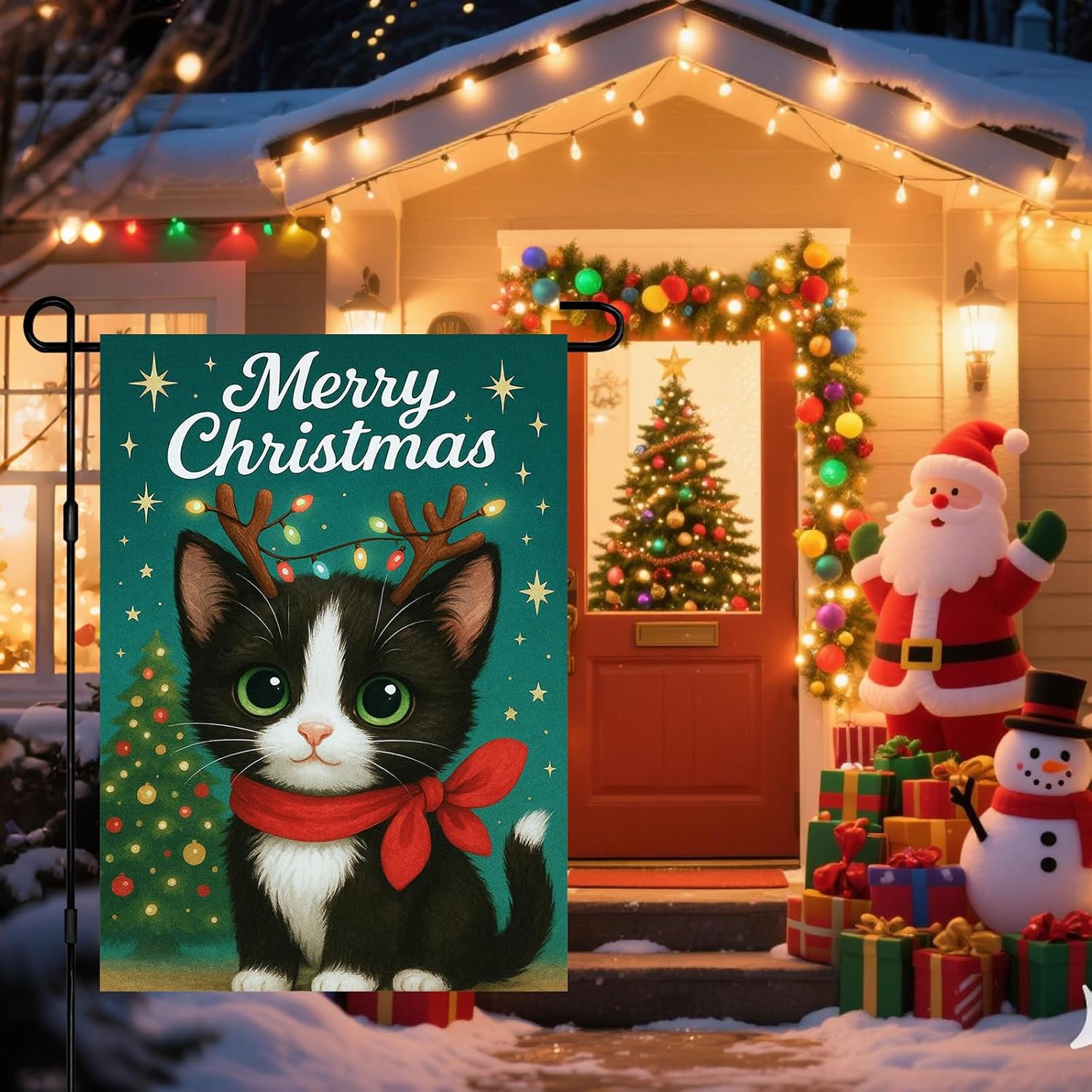 Christmas Garden Flag 12x18 Inch Welcome Black Cat Outdoor Flag Double Sided Holiday Yard Banner with Reindeer Antlers Red Scarf and Christmas Tree for Porch Lawn Patio - Image 2