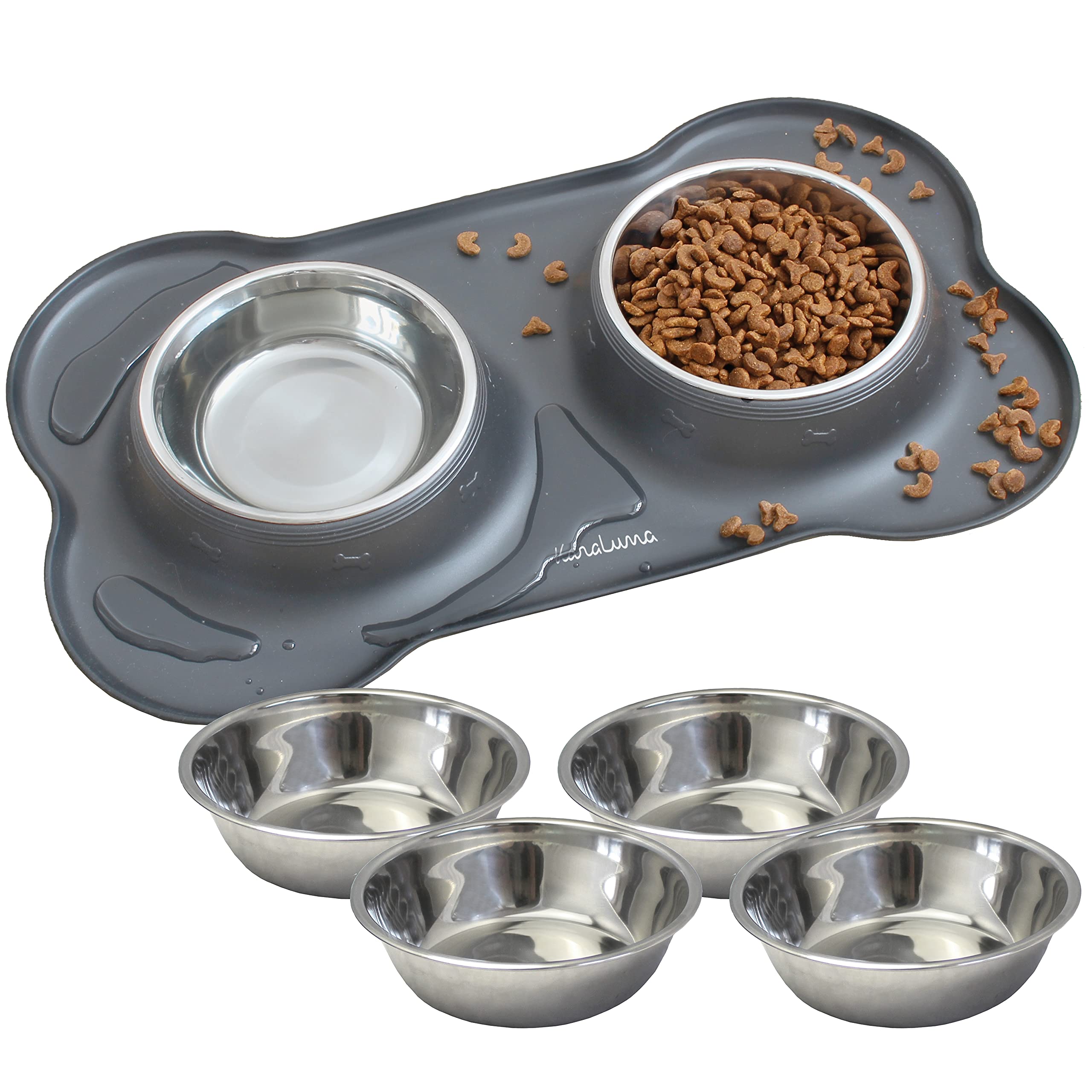 KaraLuna Napfunterlage aus Silikon mit Edelstahl Futternapf I Für Katzen & Hunde (200ml, Grau)
