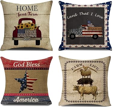 Farmhouse Throw Pillow Covers American Flag Pillow Case Quotes Cotton Linen Rustic Farm Cushion Cover for Couch Sofa Bed 18x18 Set of 4 Housewarming Gifts