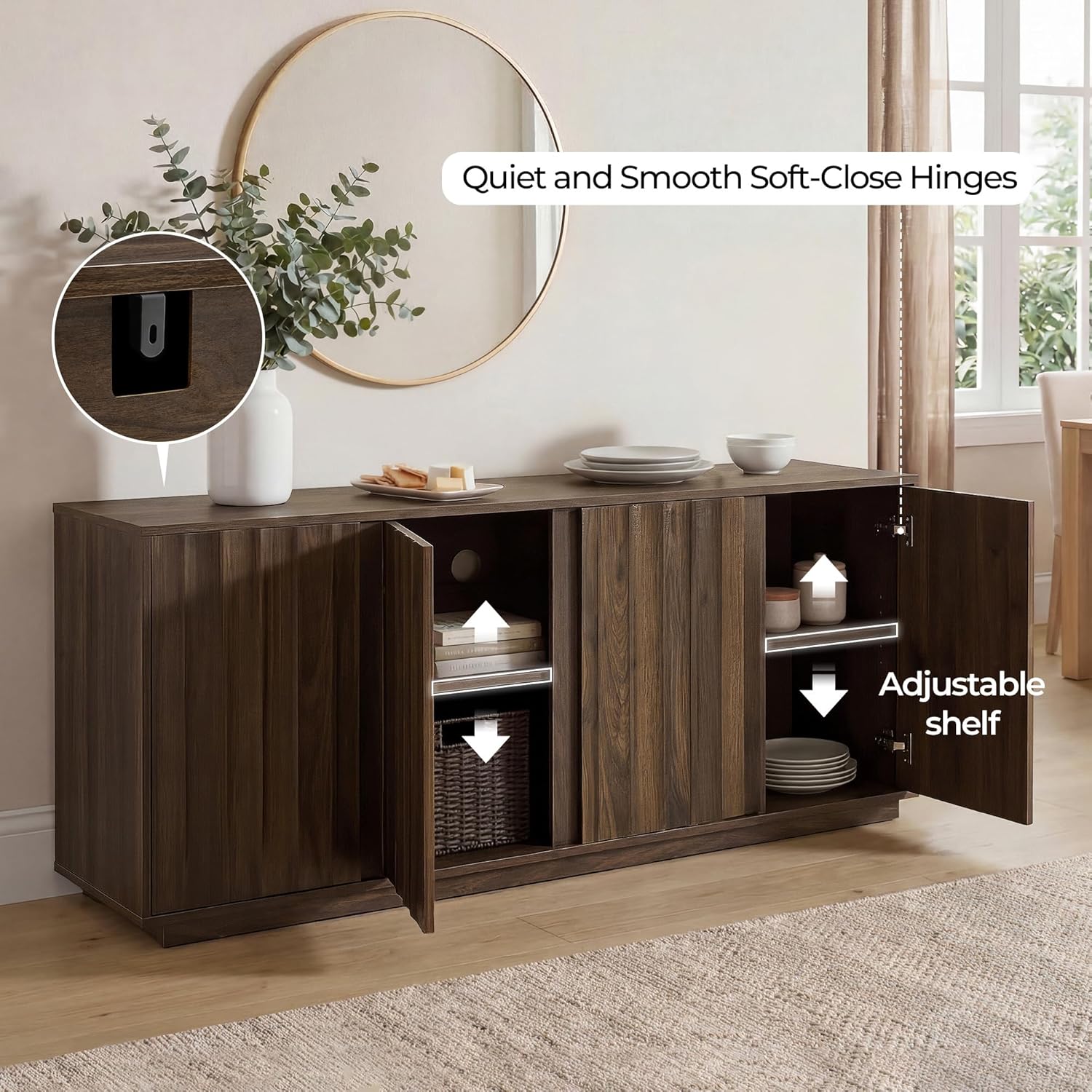 CHITA 63" Sideboard Buffet Cabinet with Storage, Wooden Console Cabinet with 4 Tereoscopic Wavy Door Panels & Adjustable Shelves, Storage Credenzas for Living Room, Kitchen, Hallway, Walnut
