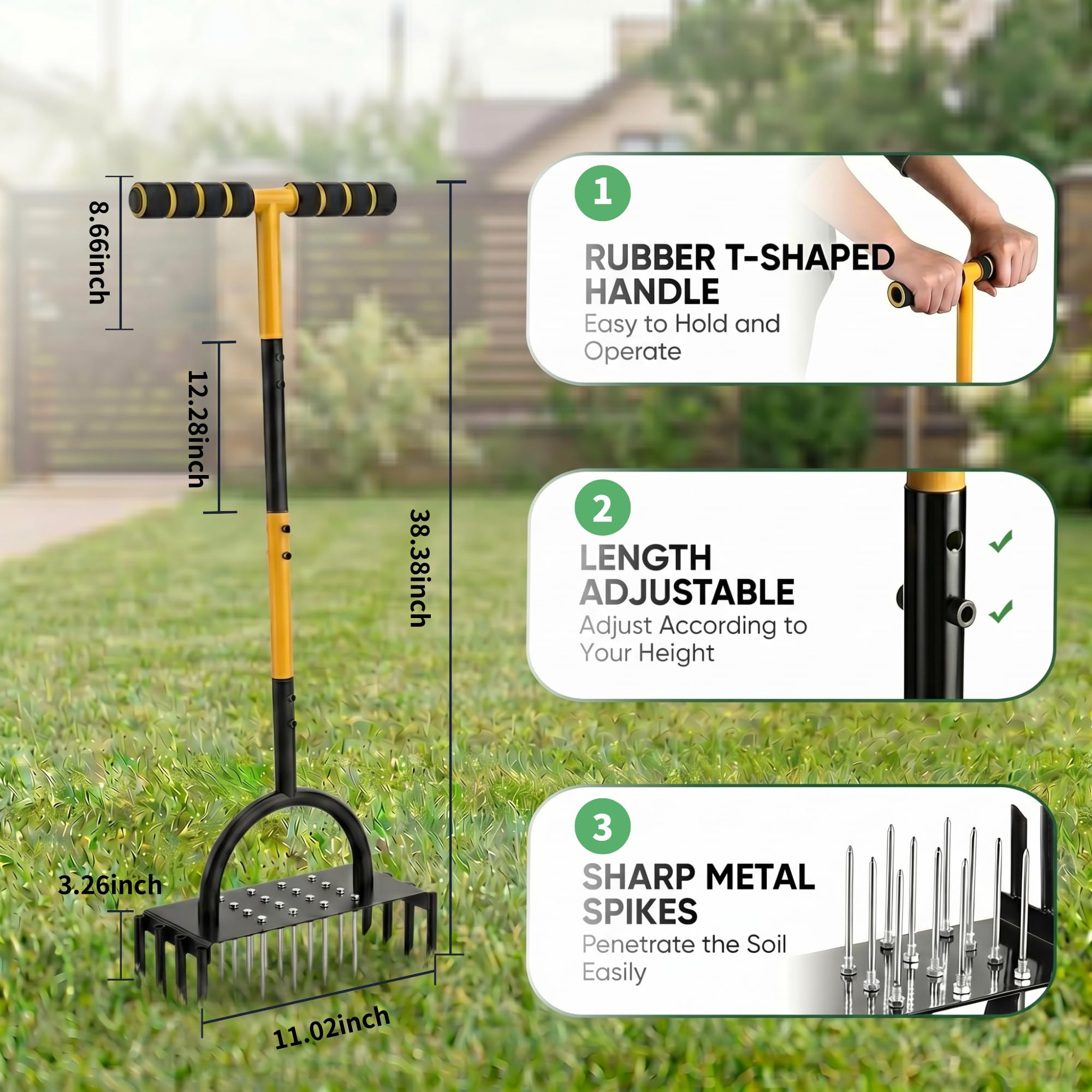Aireador Manual de césped 2 en 1, con 16 púas y 8 núcleos Huecos, 98 cm, con Barra de Apoyo y Mango en T, Herramienta Ligera para airear césped compactado (Black)
