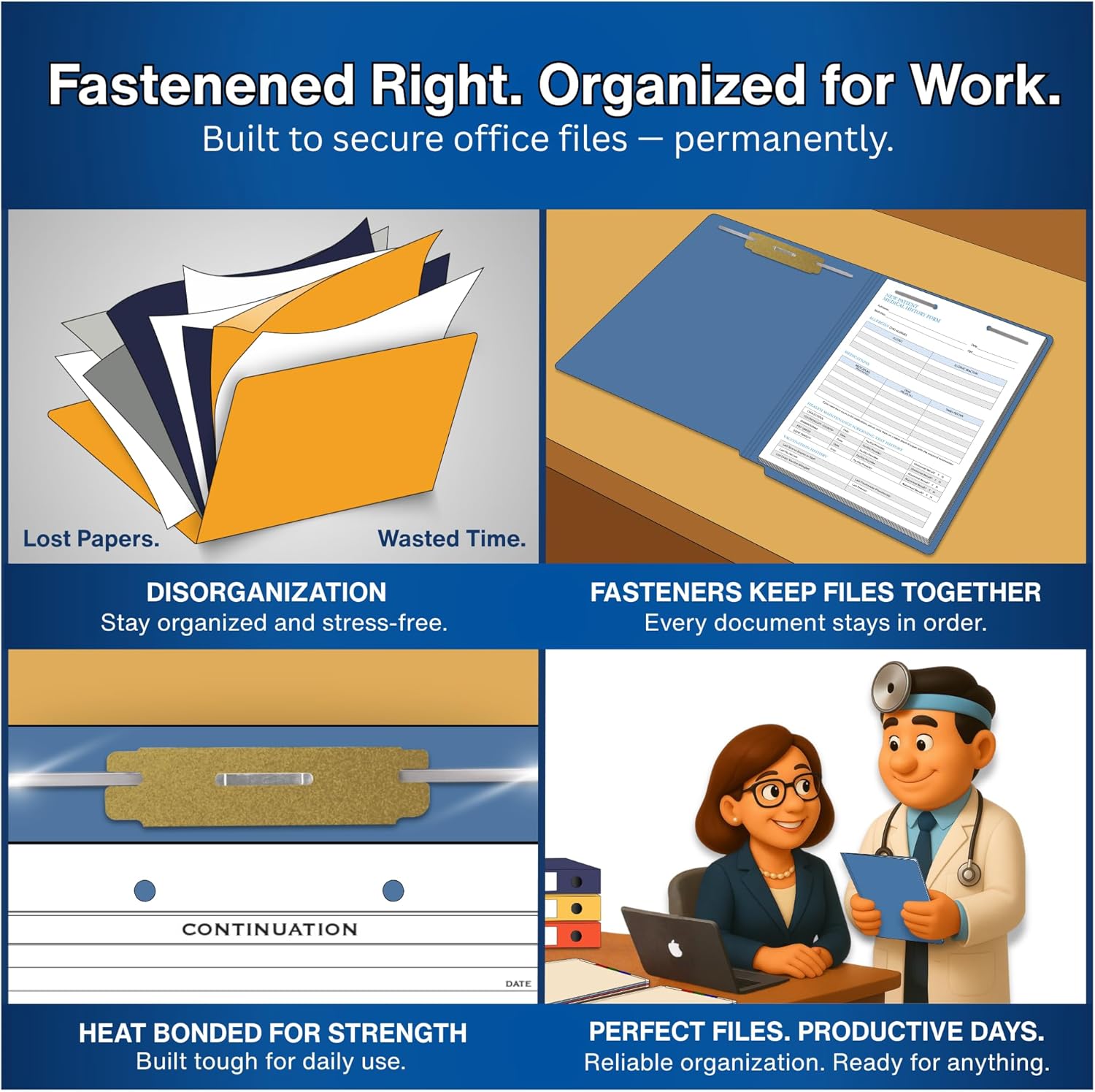 Blue File Folders, USA Made, Doctor Stuff, Two 2" Bonded Fasteners, Durable 11pt, Reinforced End Tab File Folders with 2 Prongs, Colored Office & Medical Charts Patient Chart, Box of 50