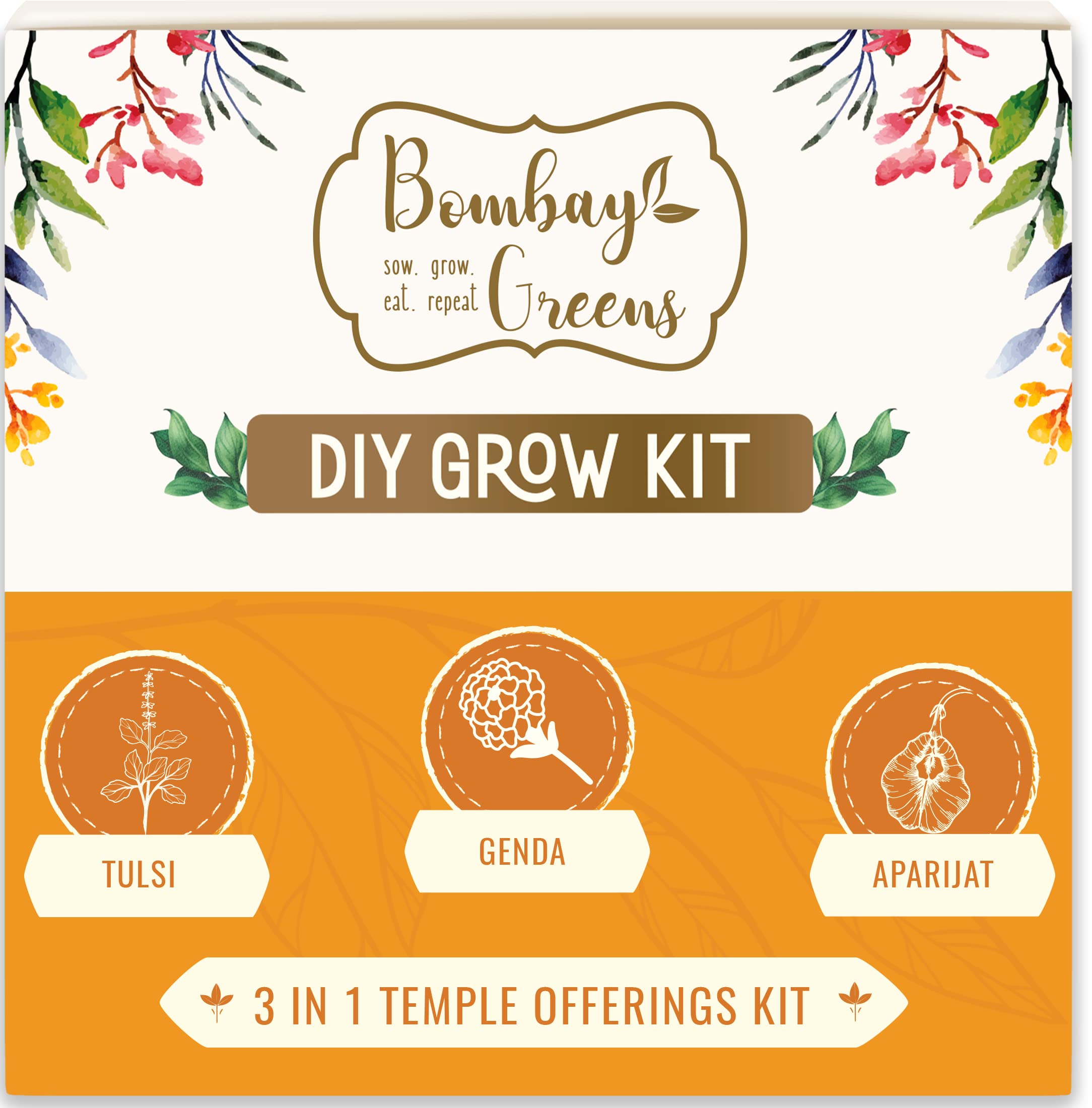 Bombay Greens 3 in 1 Temple Offerings Gardening Kit | Grow Your Own Flowers Kit - Tulsi, Marigold & Butterfly Pea Flower Plant | DIY Kit of Flower for Home Garden
