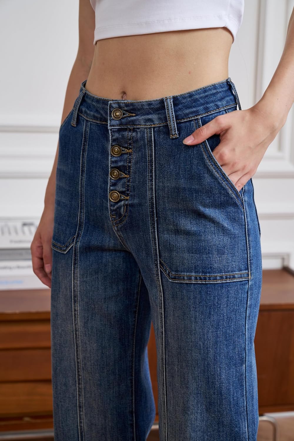 Women's Straight Leg Dad Jeans Seamed Front Stretchy Tummy Control Wide Leg Baggy Pocket Denim Pants - Image 5