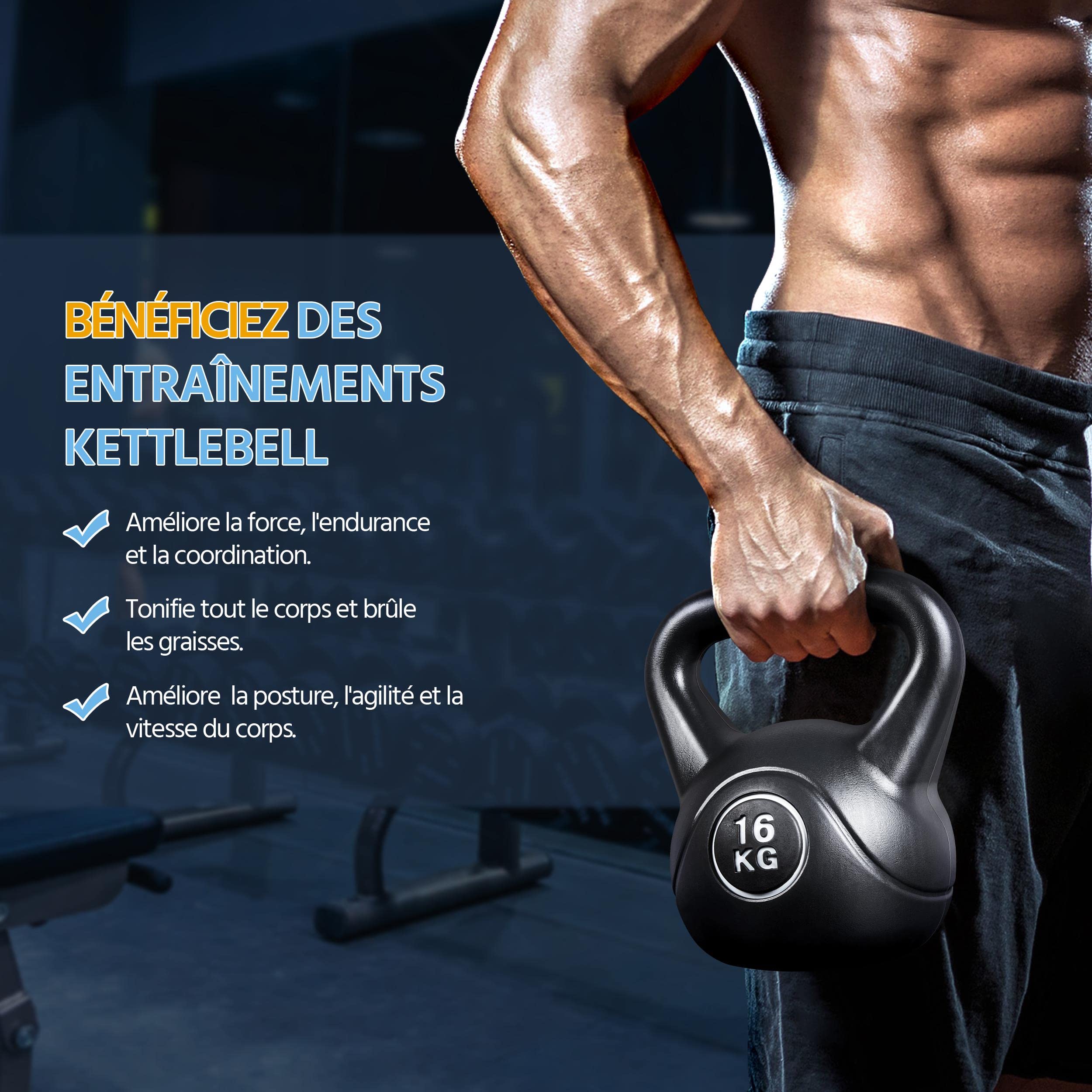Yaheetech Ensemble de Kettlebells 8kg & 12kg & 16kg 3 Kettlebells Revêtus de HDPE pour la Salle de Sport à Domicile Musculation l'haltérophilie Noir