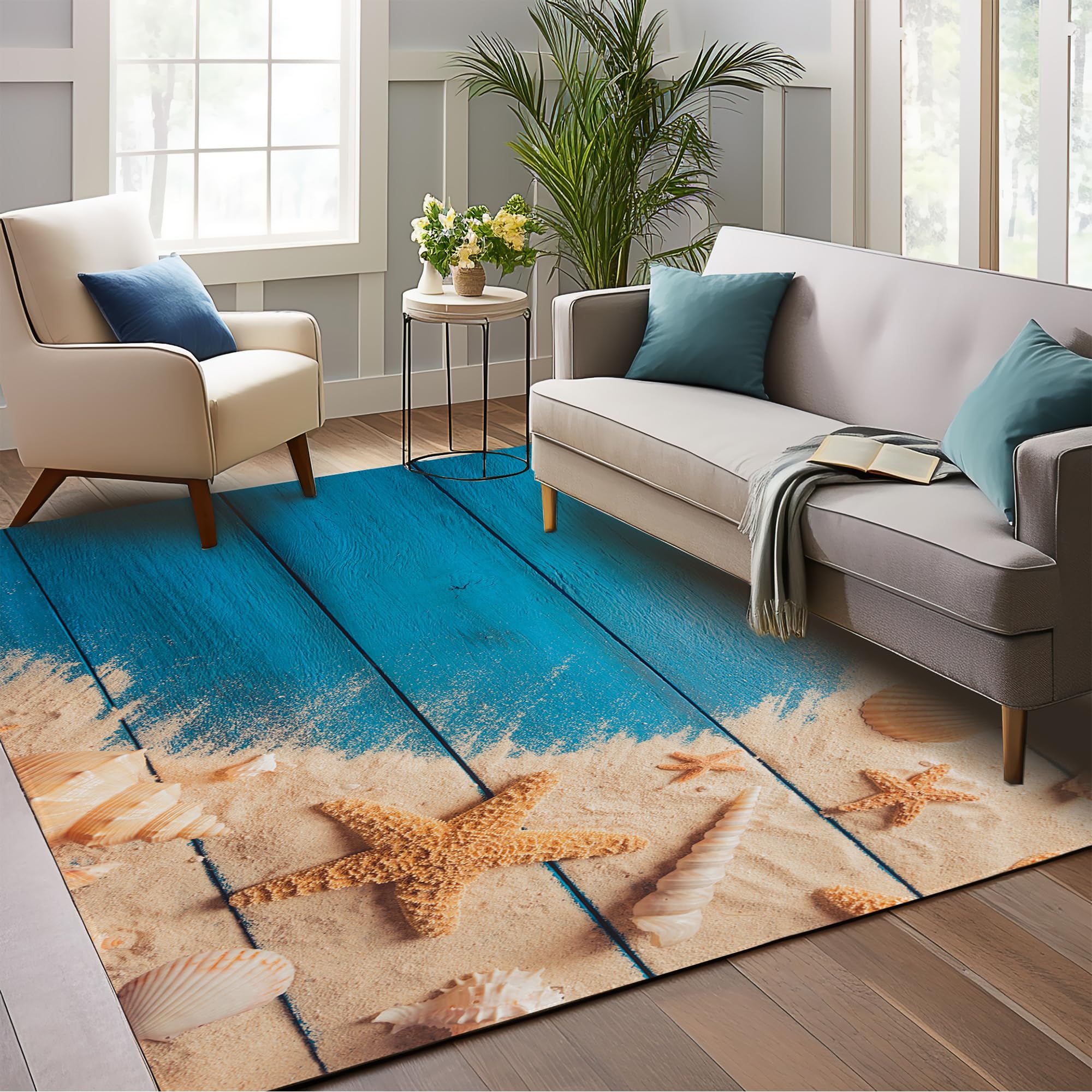 5x7 Beach Seashells Starfish Area Rug - Washable Non-Slip Carpet for Living Room, Bedroom, Dining Room, Office Entryway