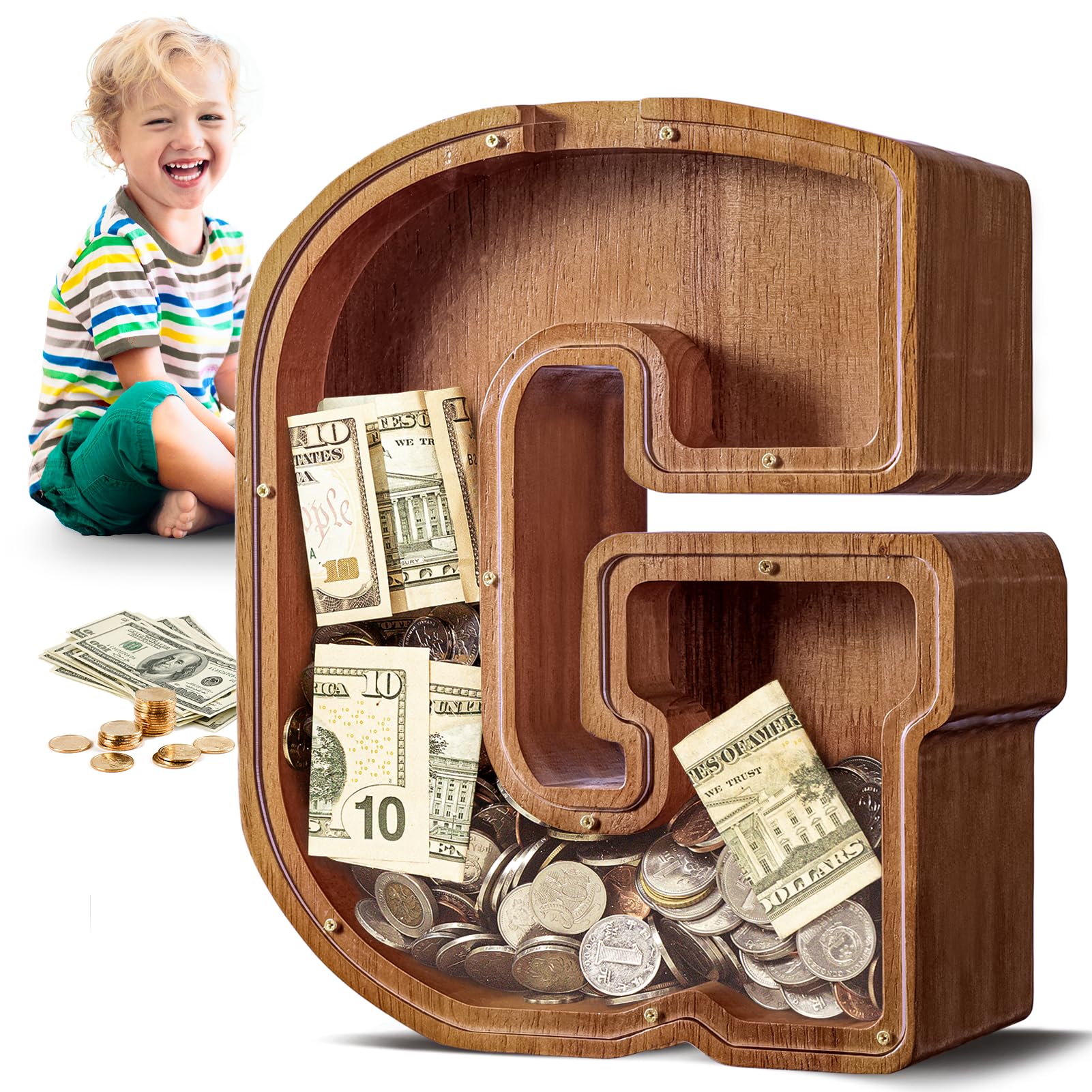 Crefun Large Wooden Letter Piggy Bank - 9.1 Inch Personalized Money Box With Alphabet Stickers, Natural Wood & Acrylic