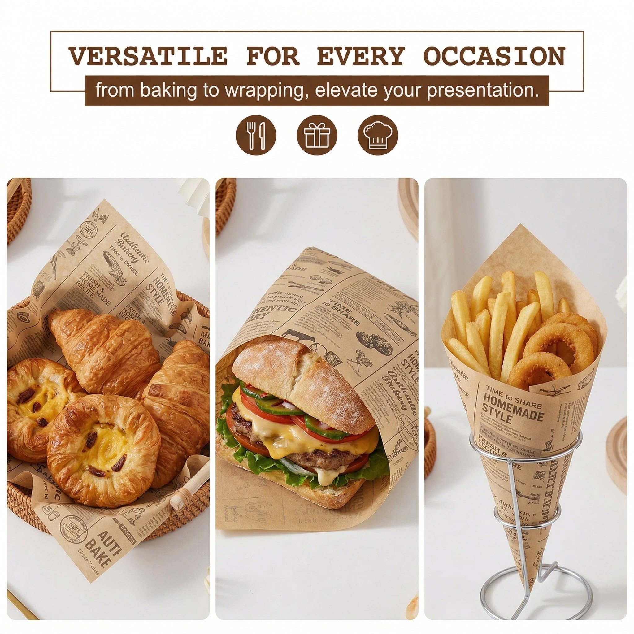 150 Hojas de Papel Encerado para Alimentos 30x20cm, Papel Antigrasa para Hamburguesas, Bocadillos y Patatas Fritas, Papel de Horno Kraft Retro para Envolver Comida, Picnic y Catering — view 5