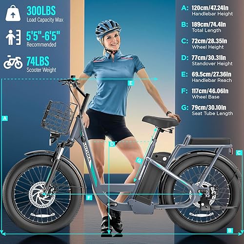 Miniatura 7 de Caroma Peak 500W800W1200W Electric Scooter with Seat, 20" Fat Tire Electric Bike with 48V Removable Battery, Up to 30Miles & 20MPH, Adult Scooter