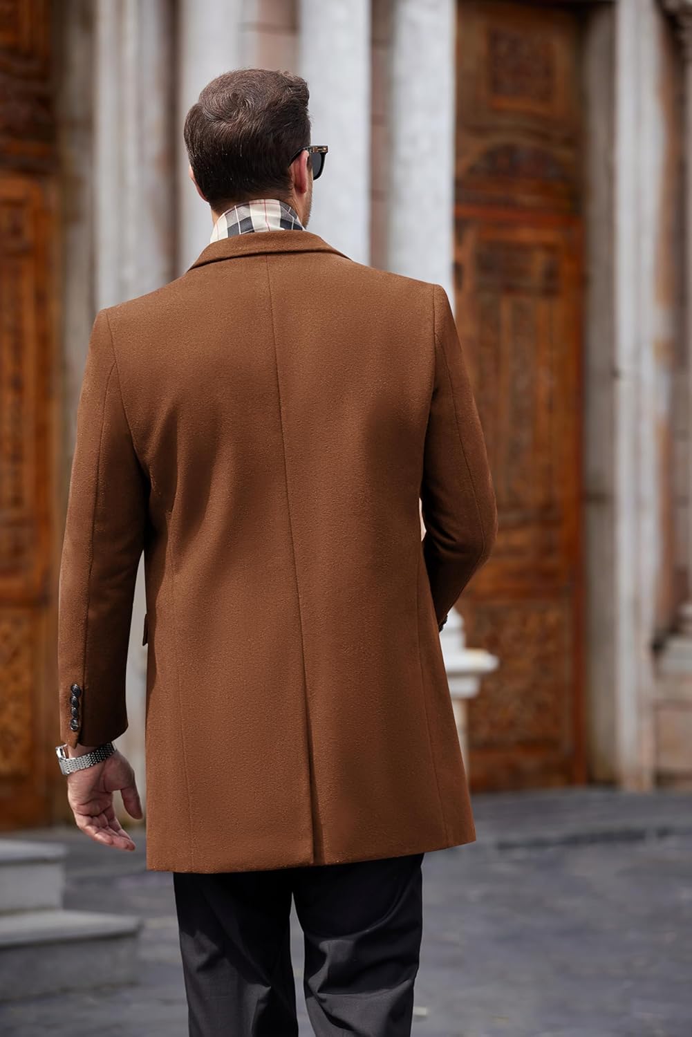 COOFANDY Men's Wool Blend Coat with Detachable Plaid Scarfs Notched Collar Single Breasted Pea Coat Trench Overcoat - Image 3