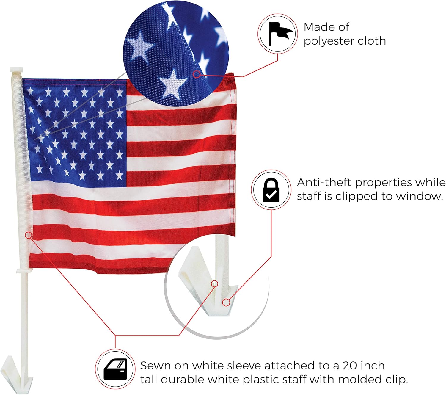 EZ Line Professional Quality American Window Clip On Flag for Car and Truck Windows 12 USA Flag Pack
