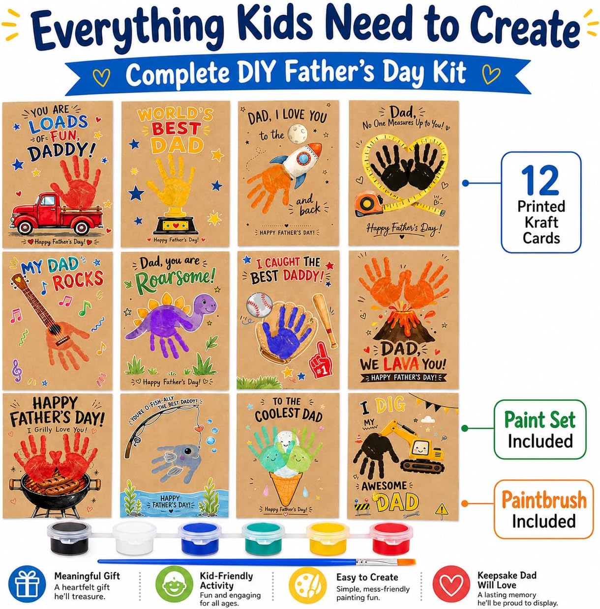 Fathers Day Crafts for Kids Toddlers, 12 pack 8.2" x 11.6" DIY Father's Day Card Handprint Kit for Classroom Home School, Baby Handprint Keepsake Funny Fathers Day Gift for Dad from Kids Daughter Son