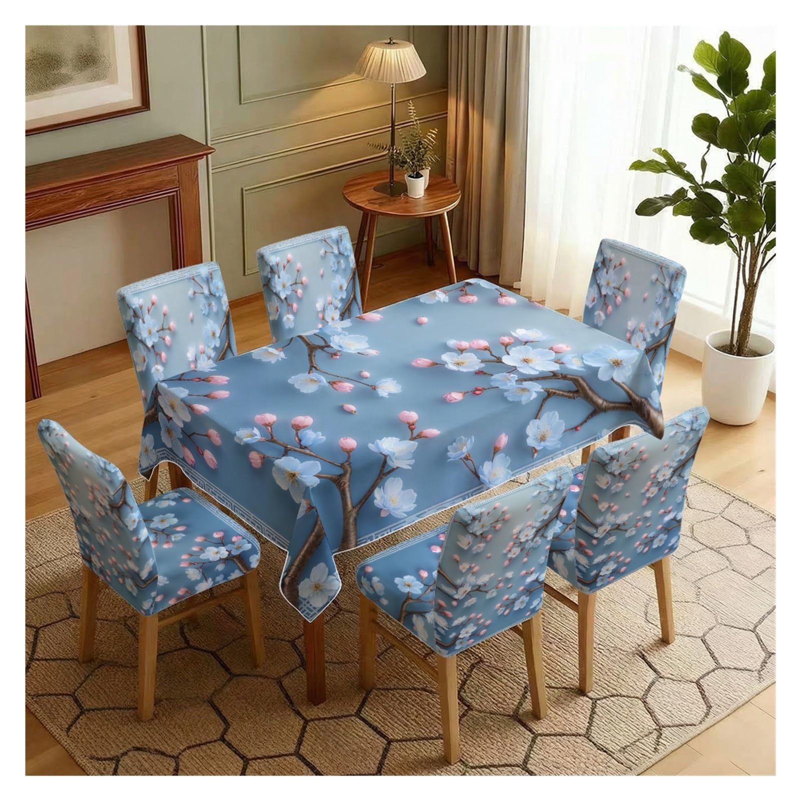 BOSUYBN Stretch Dining Chair Slipcovers And Tablecloth Set, Light Blue Magnolia Floral Print, 5/7 Pack For Elegant Dining Room Home Decor Table Setting(7pcs Set: Tablecloth+Chair Covers)