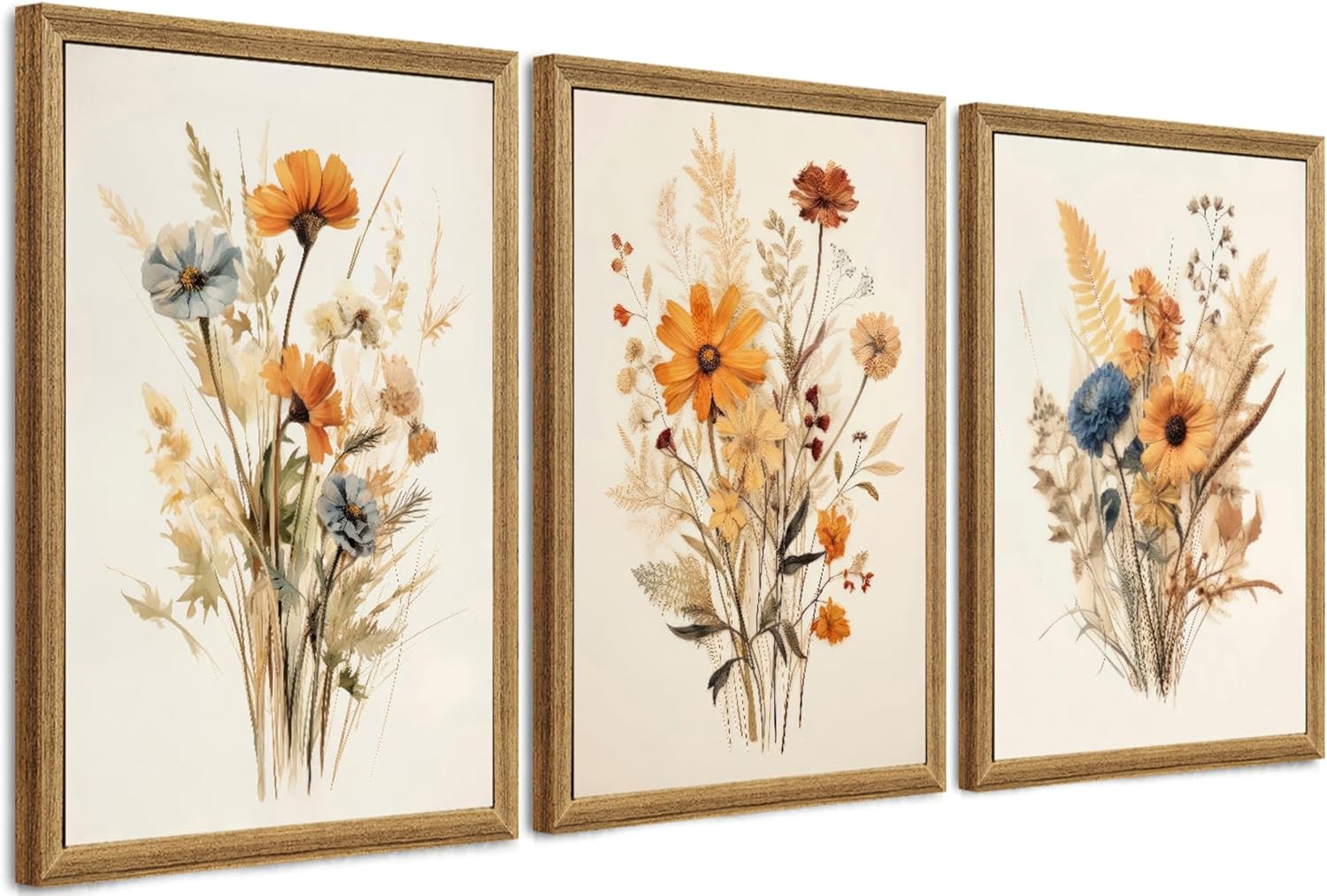 Framed Vintage Wildflower Canvas Wall Art Set of 3 Floral Country Farmhouse Watercolor Flowers Prints Rustic Wood Frame Botanical Artwork Poster for Bedroom Living Room Girls Room Decoration 16" x 24" 24"L x 16"W yellow