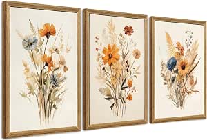 Amazon.com: Framed Vintage Wildflower Canvas Wall Art Set of 3 Floral ...