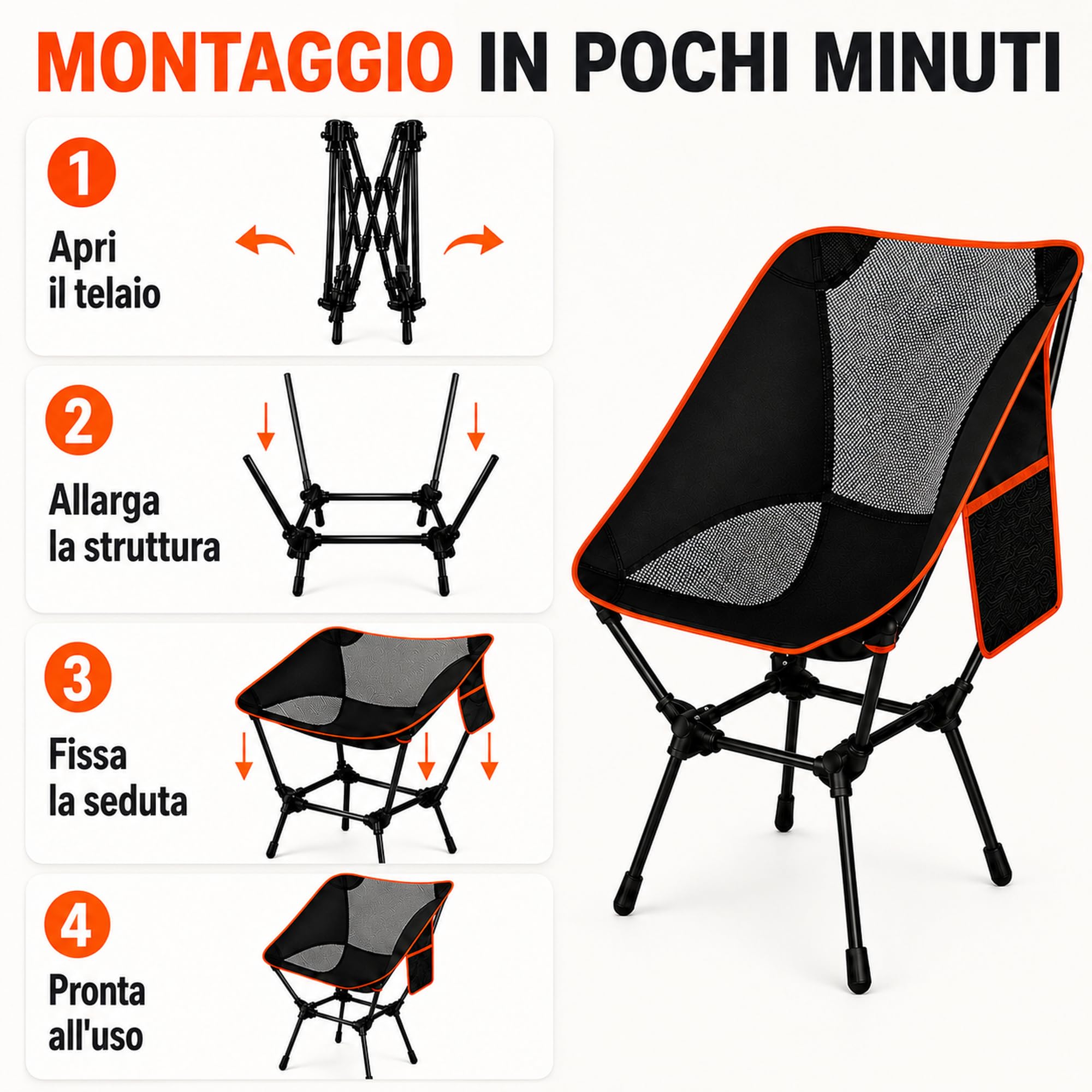 Sedia Campeggio Pieghevole Leggera, Moon Chair Portatile in Oxford 600D fino a 150 kg con Borsa e Tasca Laterale, per Spiaggia Pesca Picnic Giardino Esterno Viaggio