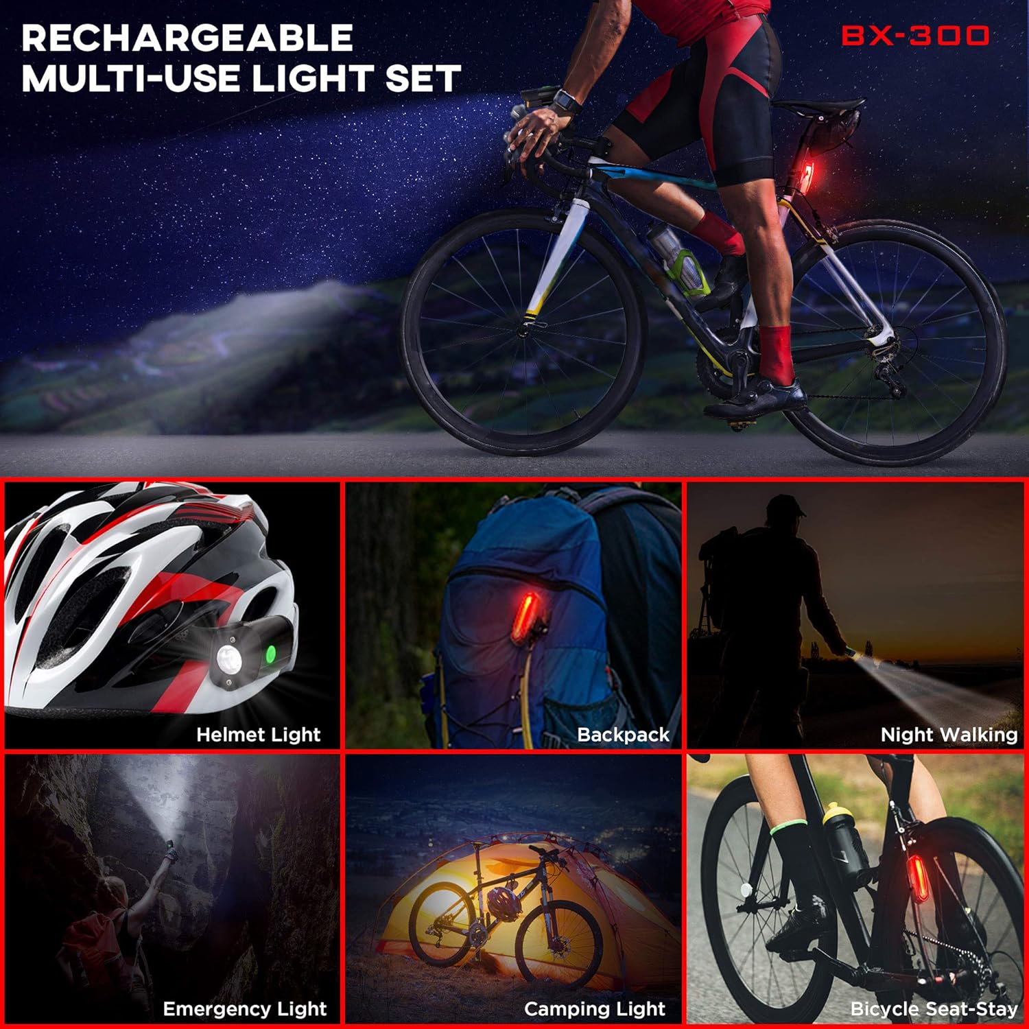 BX-300 Rechargeable Bike Light Set - Powerful Front and Back Lights, Bicycle Accessories for Night Riding, Cycling Safety Best Headlight with USB Tail Rear for Adults Kids Men Women Road Mountain : Sports & Outdoors