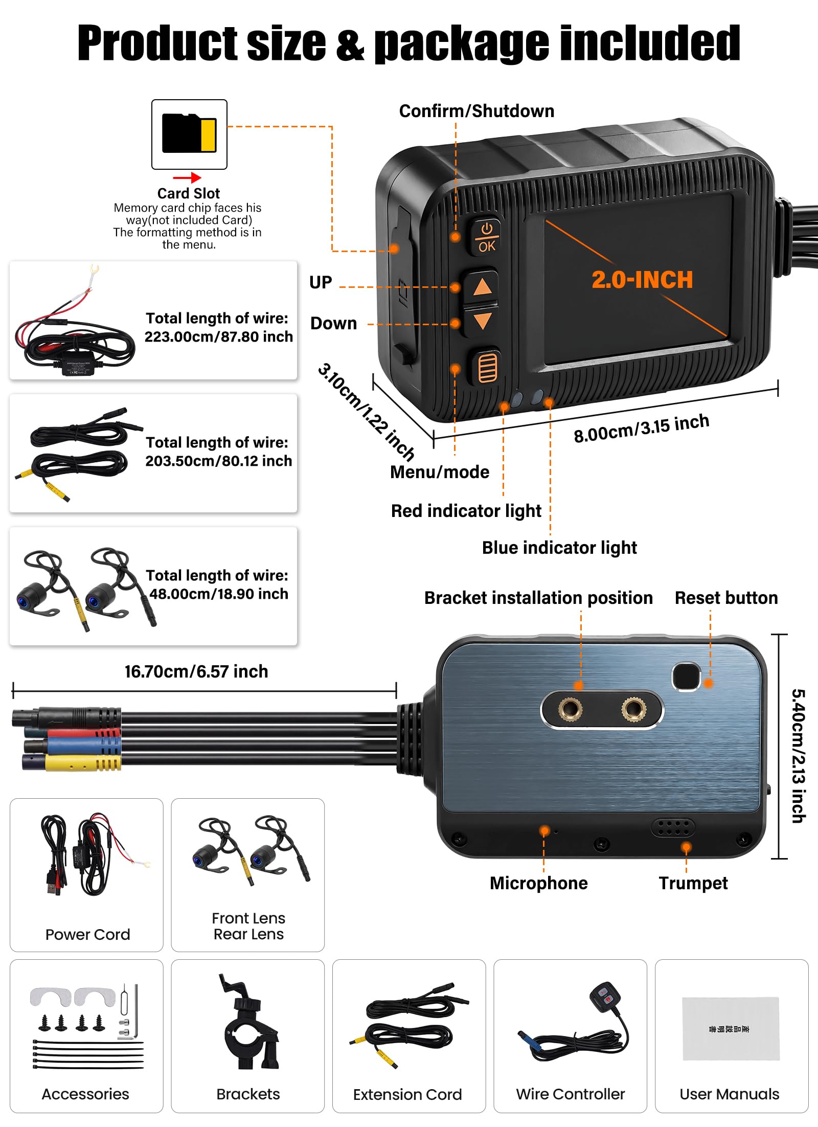 Moto 2-Pollici con Doppia Dash Cam, Videocamera Impermeabile per MOTO con Riprese Anteriori e Posteriori, con Visione Notturna, Sensore G, Doppia Lente, Registrazione in Loop, Dashcam DVR