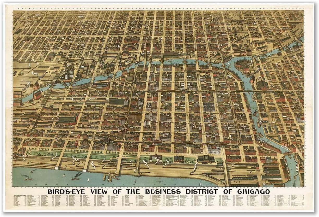 Antiguos Maps - Bird's Eye View Map of The Business District of Chicago Circa 1898 - Measures 24 in x 36 in (610 mm x 915 mm)
