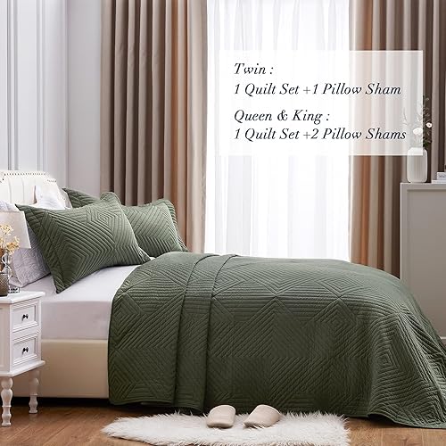 Miniatura 3 de SunStyle Home Juego de edredón de 3 piezas, tamaño King, juego de edredón de microfibra suave, color verde oliva, tamaño King, ligero, reversible,