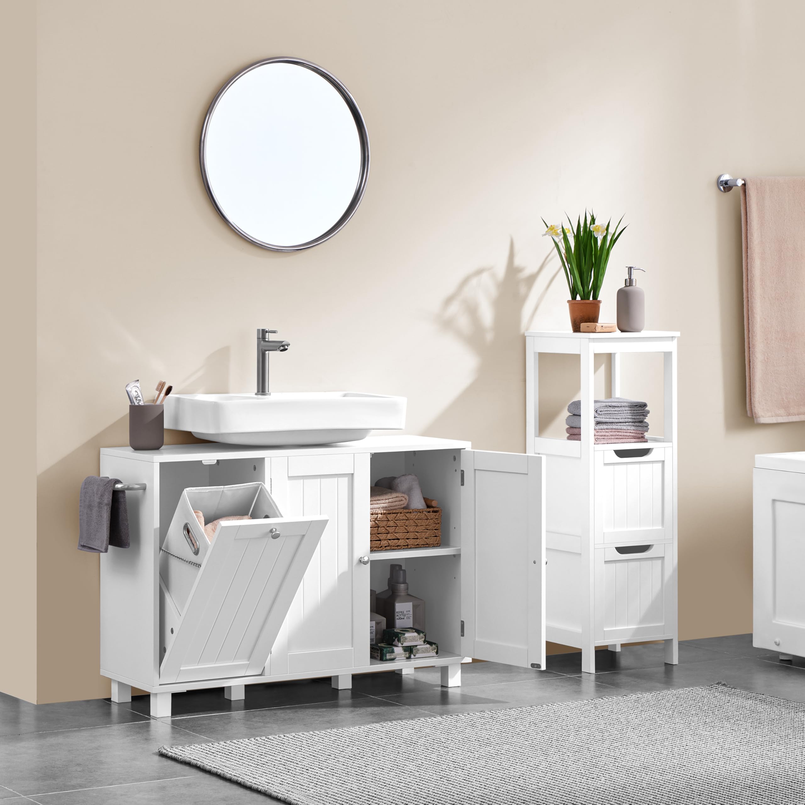 Yaheetech Mobile Sottolavabo a 3 Ante Mobile da Bagno con Portabiancheria Armadietto da Terra per Lavandino Mobiletto Bagno Salvaspazio con Ripiano Regolabile