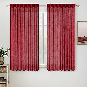 MIULEE Burgundy Red Short Curtains 63 Inch Length 2 Panels for Kitchen Bedroom, Christmas Soft Thick Linen Textured Living Room Window Drapes Semi Sheer Light Filtering Back Tab Burlap Look Decor