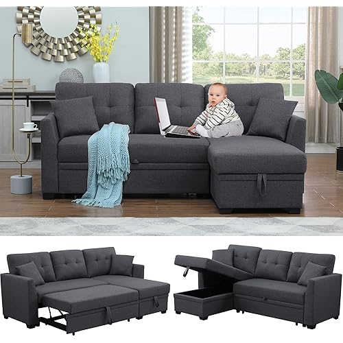 Sectional Sofa with Pull Out Bed and Reversible Storage Chaise Lounge L-Shaped Linen Convertible 3 Seater Tufted Upholstered Small Modern Couch Sleeper for Living Room Office Apartment (Dark Gray)