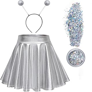 Flared Pleated Mini Skater Skirt Metallic Skirt Halloween Alien Headband...