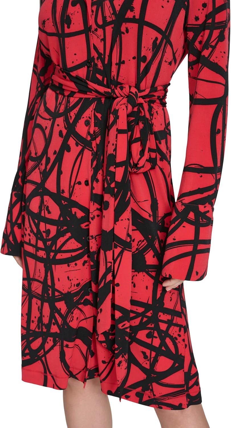 Halston Womens Long Sleeve Collared V-Neck Tie Waist Shirt Dress - Image 5