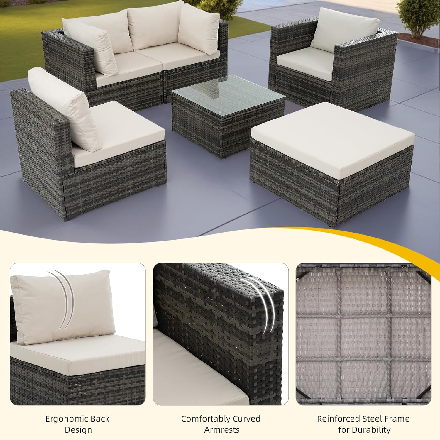 6 Piece Patio Furniture Set, All Weather Outdoor Rattan Wicker, Patio Sectional with Waterproof Cushions and Tempered Glass Coffee Table, outdoor furniture for Balcony, Backyard, Garden, Beige