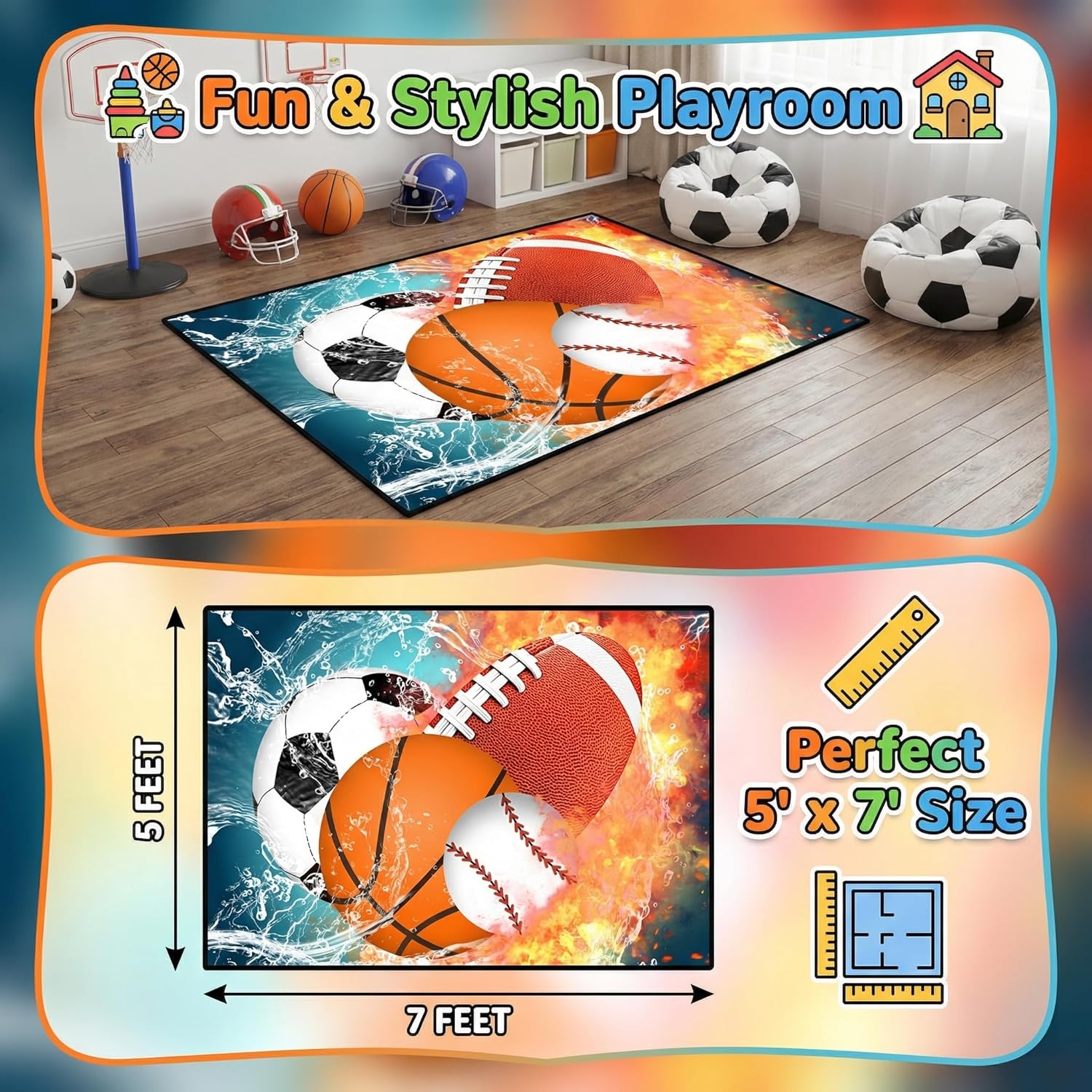Basketball Rug for Boys Bedroom 5'x7' Kids Football Carpet Water Fire Sports Rugs for Boys Bedroom Baseball, Soccer Rug for Playroom Living Room Decor Sofa Mat