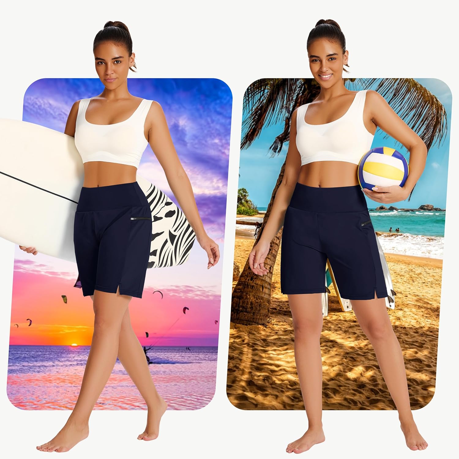 MIVEI Womens 5" 7" 9" Swim Board Shorts with Zipper Pockets High Waisted Quick Dry Beach Bermuda Long Swimming Trunks UPF 50+