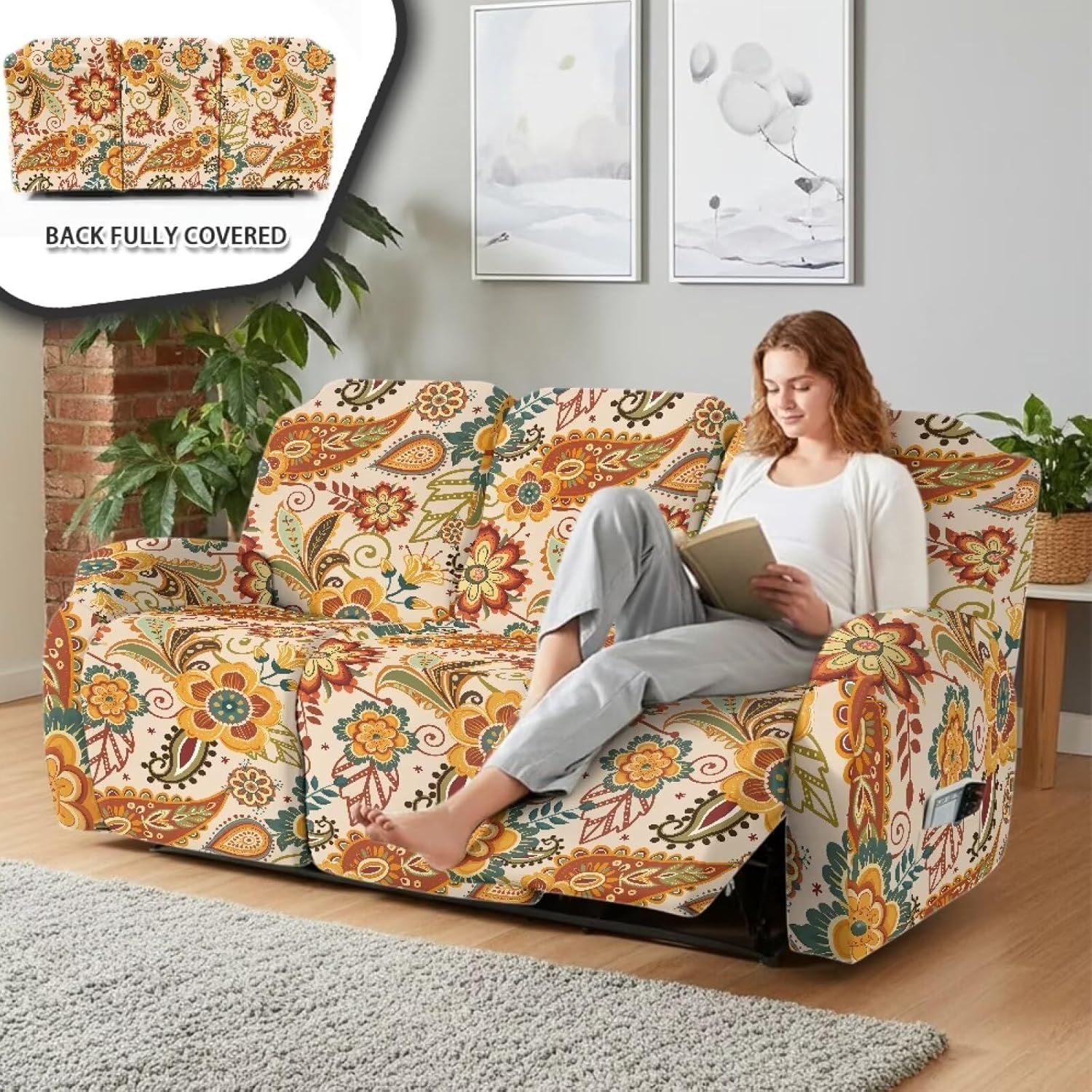 Recliner Covers, Fall Leaves, 8-Piece Stretch Reclining Chair Covers 3-Seater, Non-Slip Jacquard Recliner Couch Covers, Furniture Protector Covers for Pet Family Thanksgiving Decor