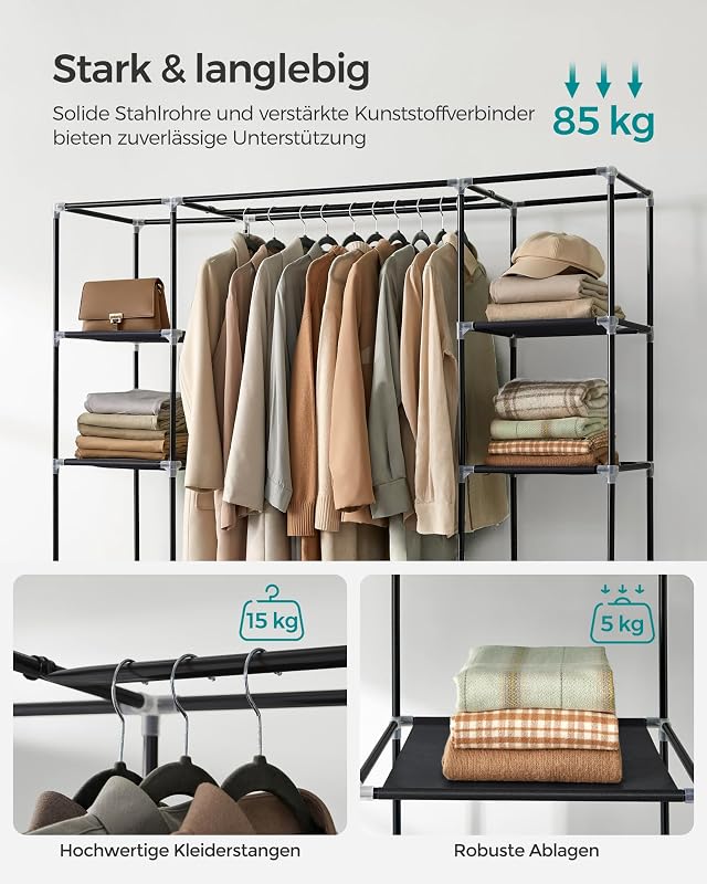 SONGMICS szövetgardrób ruhaállvánnyal és polcokkal, 150x45x175 cm, fekete