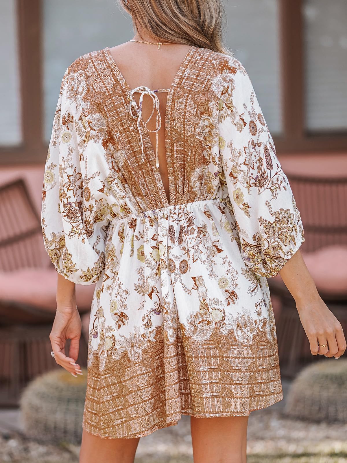 CUPSHE Abito da spiaggia da donna con scollo a V profondo e schiena scoperta, motivo cachemire, boho, blouson, maniche corte, cravatta in vita, mini abiti estivi