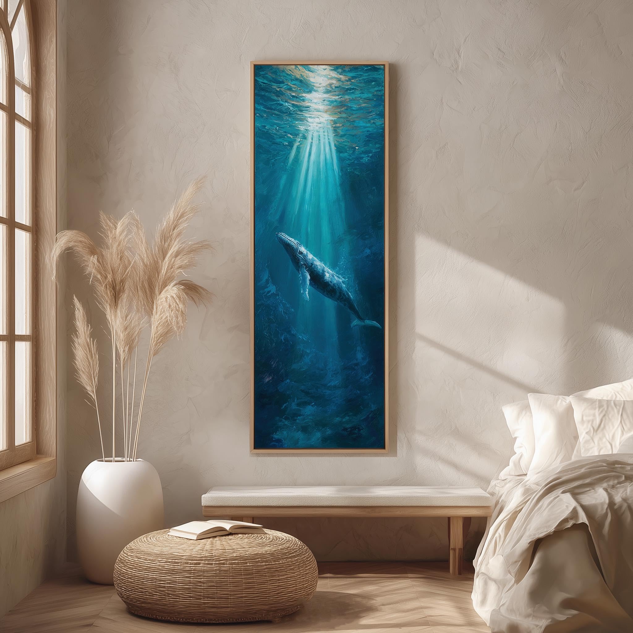 Xbtykpb Frameless Framed Tall Skinny Whale Canvas, Long Vertical Ocean Art, Narrow Underwater Decor,Blue Marine Print, Sea Animal Painting(65X195cm/Frameless)