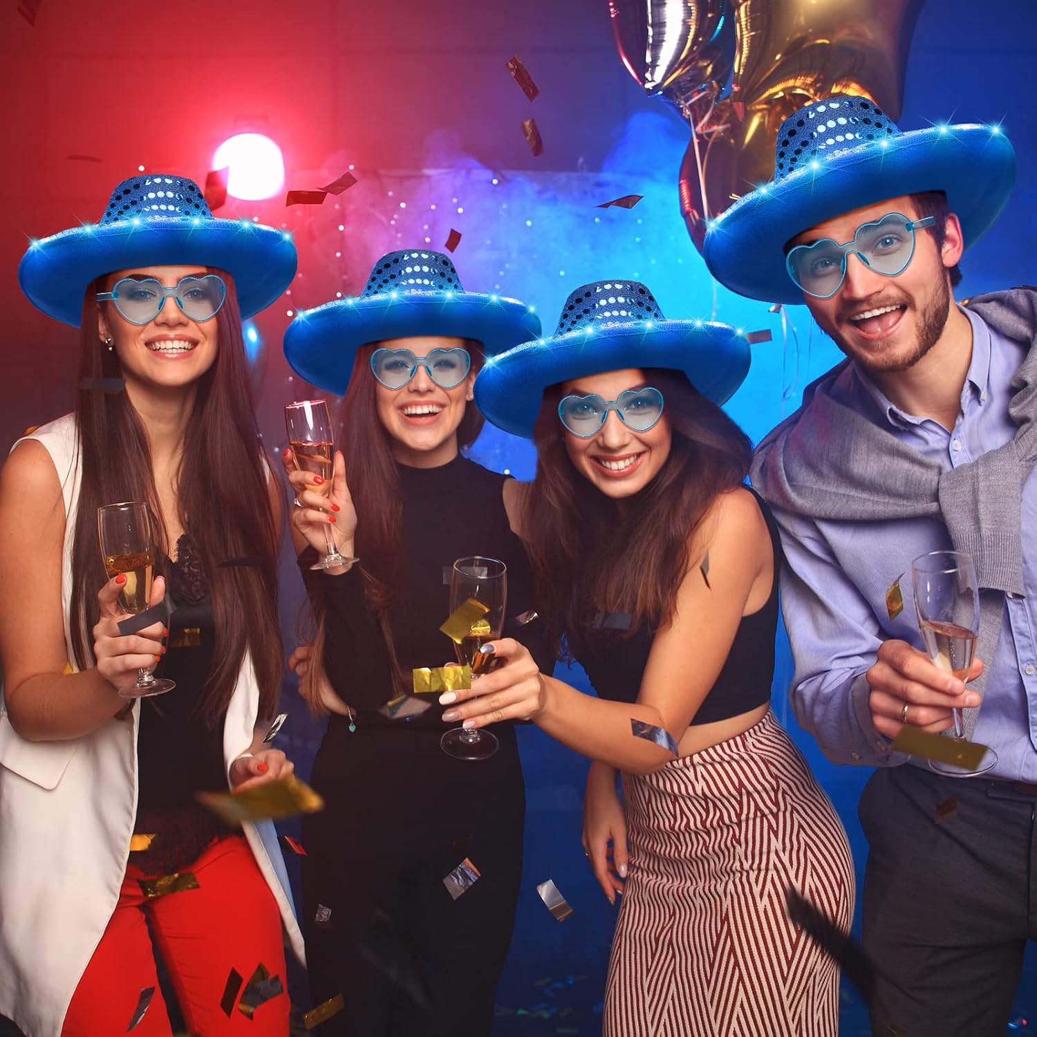 Zhanmai 18 Set LED Cowboy Hat Light Up Glitter Sequin Cowgirl Hat with Sunglasses for Adult Wedding Halloween Costume