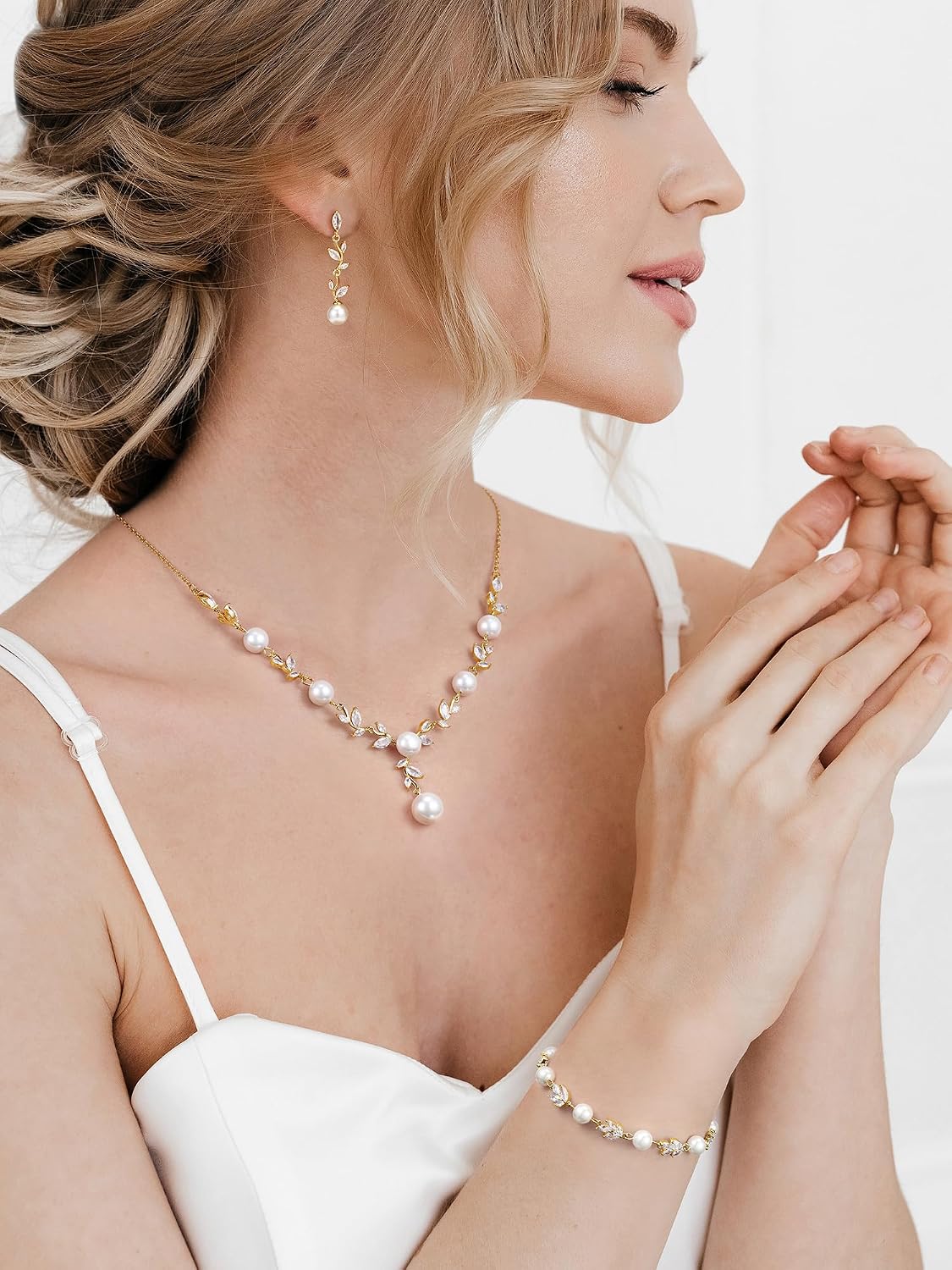 SWEETV Jewelry Set for Bride Women, Cubic Zirconia Pearl Bridal Earrings Necklace Bracelet Set, Bridal Jewelry Set for Wedding Prom