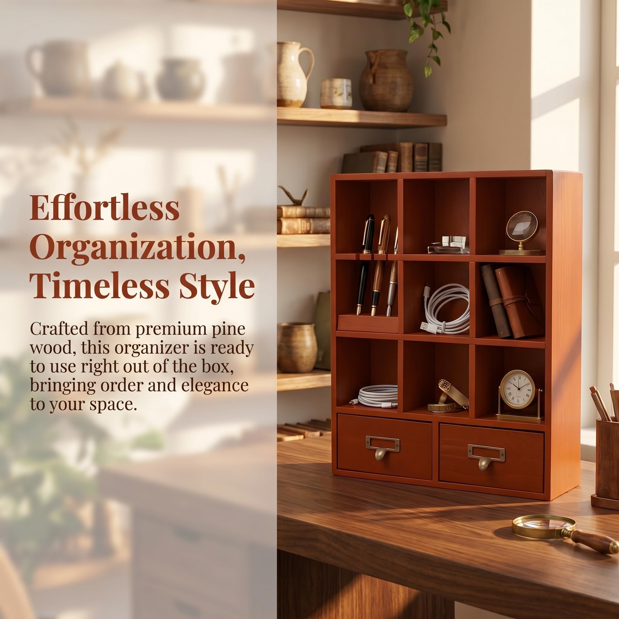 Organizzatore da Scrivania in Legno con 9 Cassetti, Contenitore Multi-Scomparto in Stile Farmacia per Ufficio, Camera da Letto E Trucco - Elegante Portadocumenti E Mensola da Scrivania