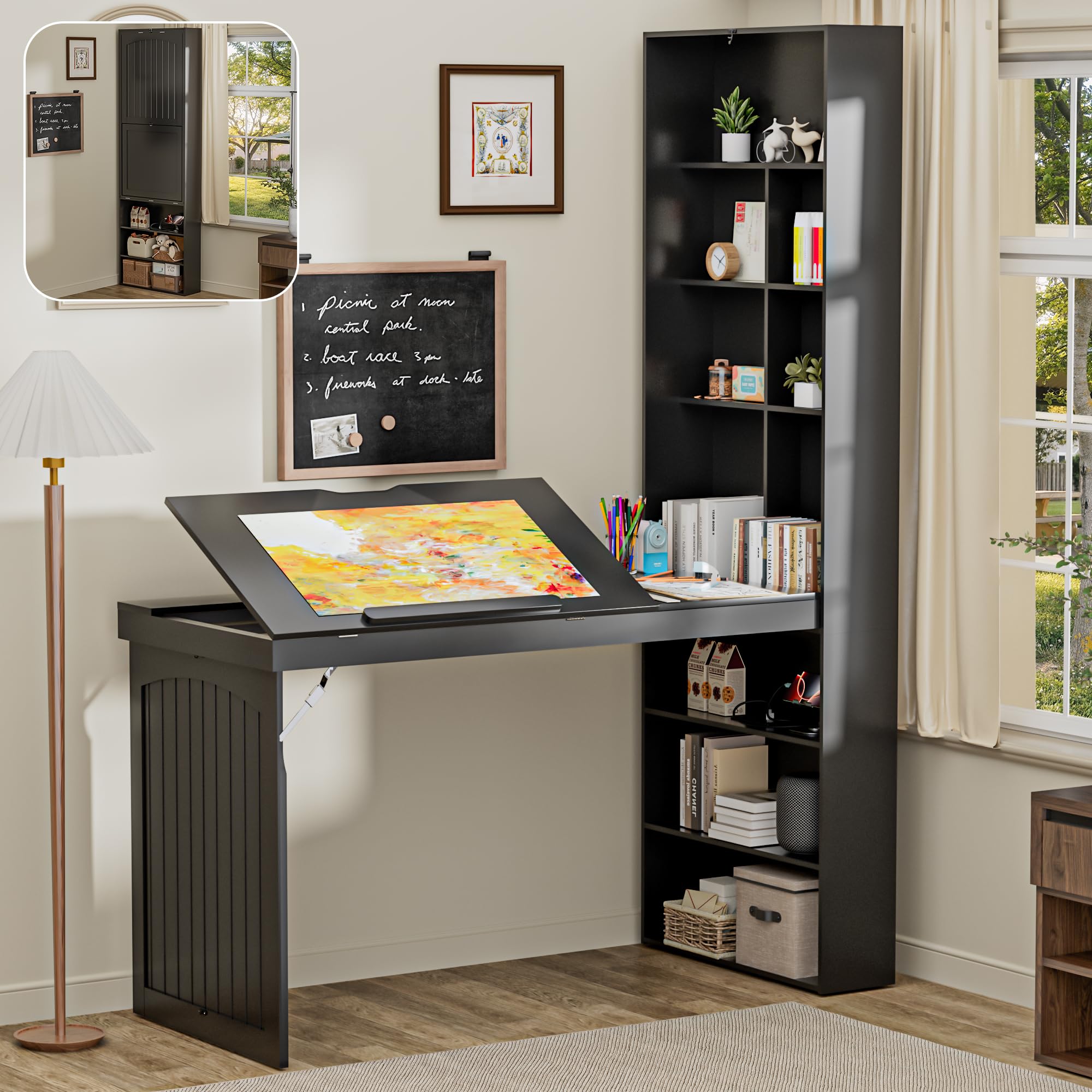 Foldable Drafting Table Desk, Space-Saving Folding Craft Table with Storage