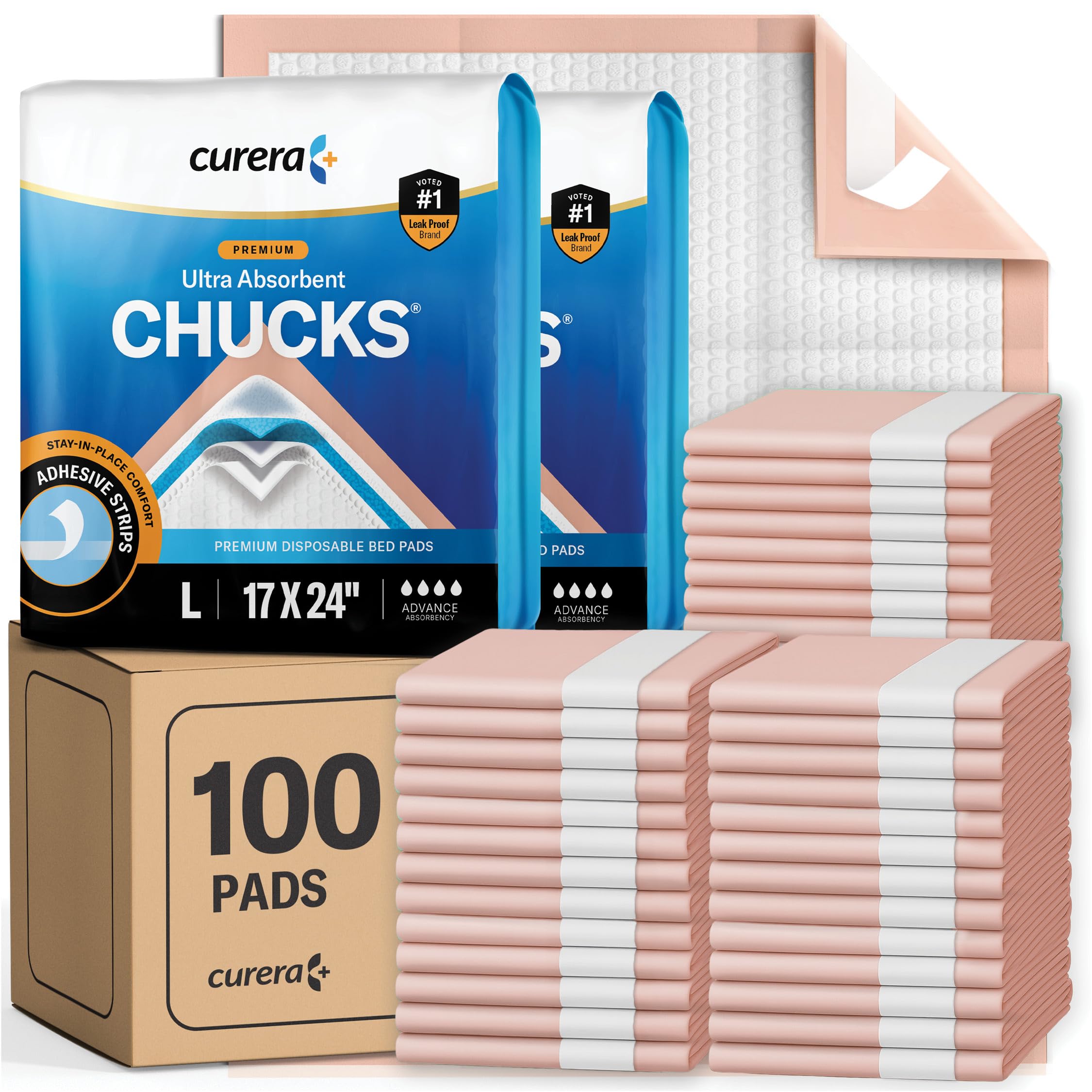 Curera Chucks Premium Disposable Underpads 17”x24” [100-Count] Ultra Absorbent Chux Incontinence Bed Pads with Adhesive Tape for Adults, Baby Changing