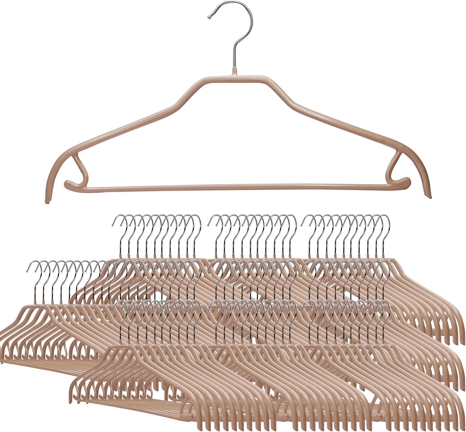 MAWA by Reston Lloyd Clothing Hangers with Pant Bar/Skirt Hook, Steel Hanger with Non-Slip Coating, for Shirts, Pants, Dresses, Combination Outfits, 360-degree Rotatable Hook, Set of 100, Latte