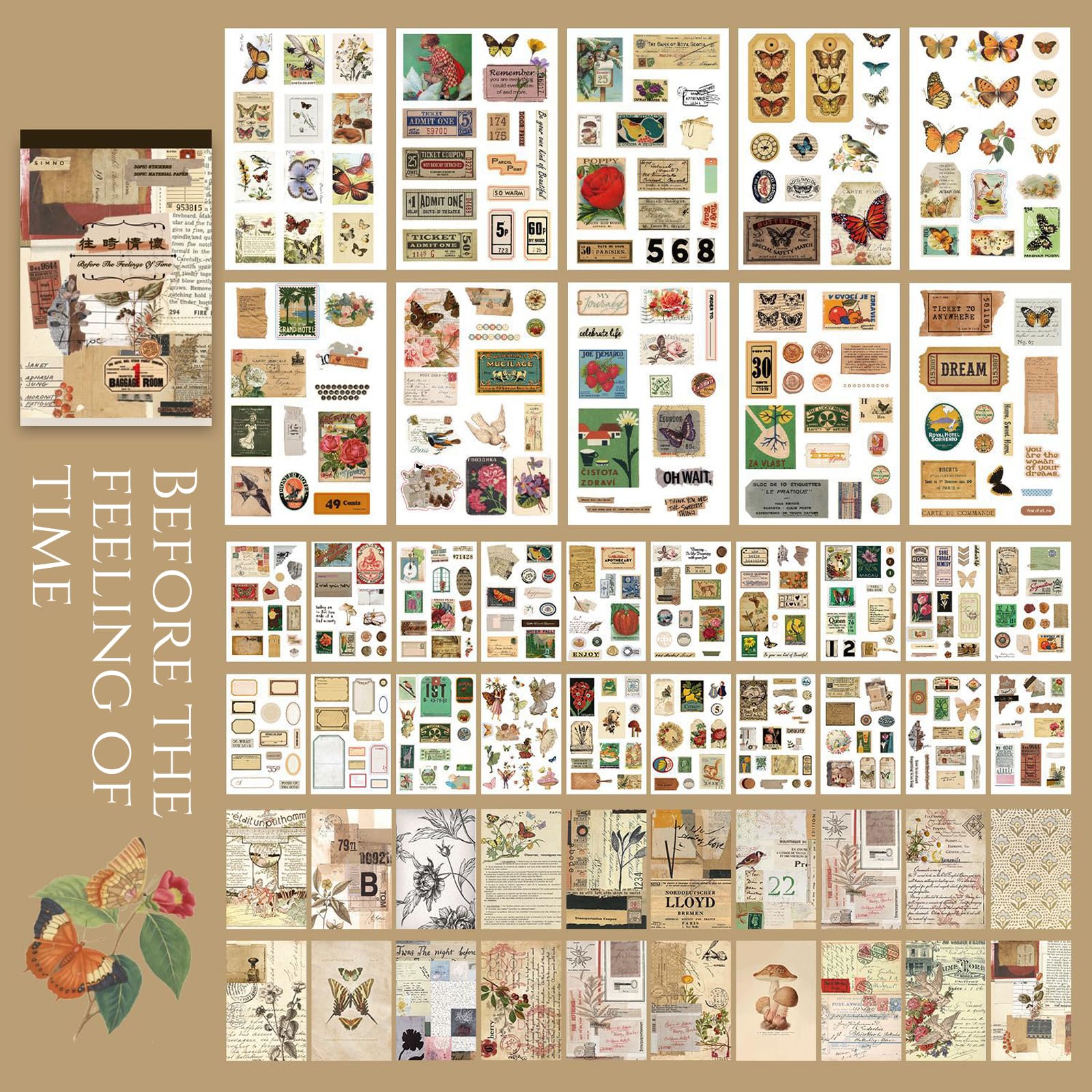 CMBPNNGS 411 Pezzi Vintage Scrapbook Accessory Set con 30 Fogli di Adesivi e 20 Fogli di Carta per Bullet Junk Journal Scrapbook Journaling, Sentimenti