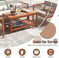 Vista 6 de HAPPYGRILL Mesa auxiliar de patio, mesa auxiliar de doble nivel con estructura de madera maciza, mesa de listones y estante, mesa de centro