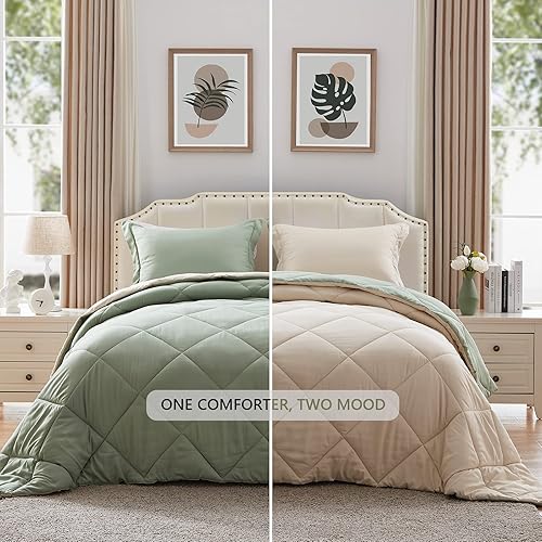 Miniatura 3 de NexHome - Juego de edredón individual Sage & Beige, juego de edredón reversible de 2 piezas, ligero, de plumón alternativo, juego de ropa de cama