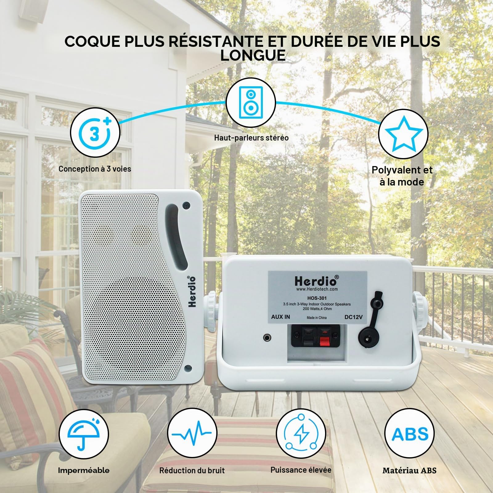 Herdio 3,5" 200 W Haut-parleurs Bluetooth Filaire de - 3 Voies - Étanche - Résistant aux intempéries - Bluetooth Enceintes d'extérieur pour extérieur, Patio, Camping, Bateau, terrasse, Restaurant